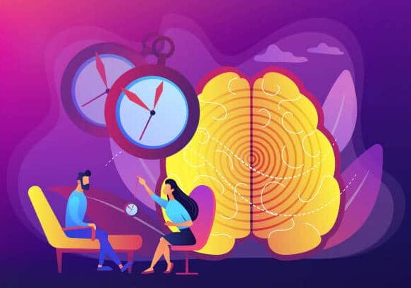 Hypnotherapy session, subconscious research. Psychiatrist assistance. Hypnosis practice, altered state of mind, hypnosis treatment services concept. Bright vibrant violet vector isolated illustration